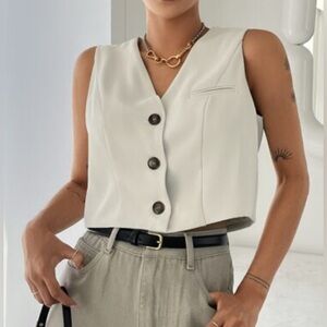 Cream Tailored Vest with V-Neckline and Cropped‎ Length